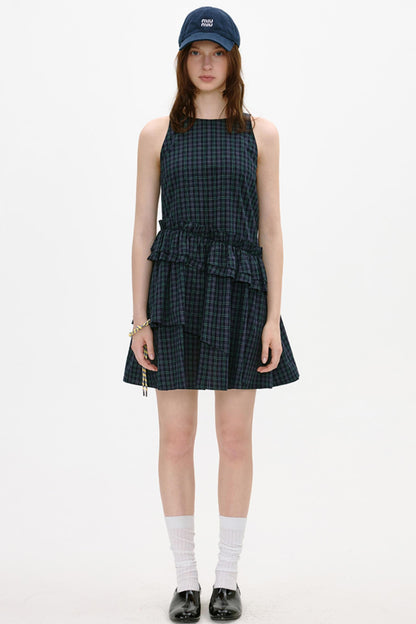 Irregular Plaid Ruffled Vest Dress