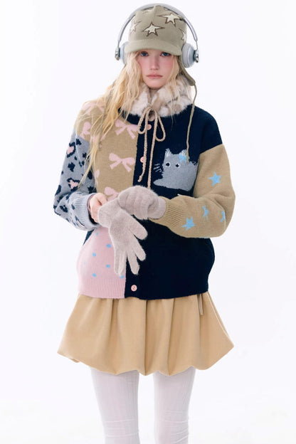 Retro Color-Blocking Cardigan Jacket