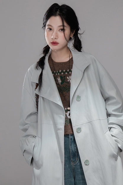 First Gray Leather Trench Coat