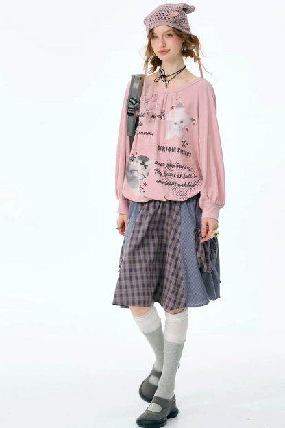 Pink Cat Print Lantern Sleeve Top