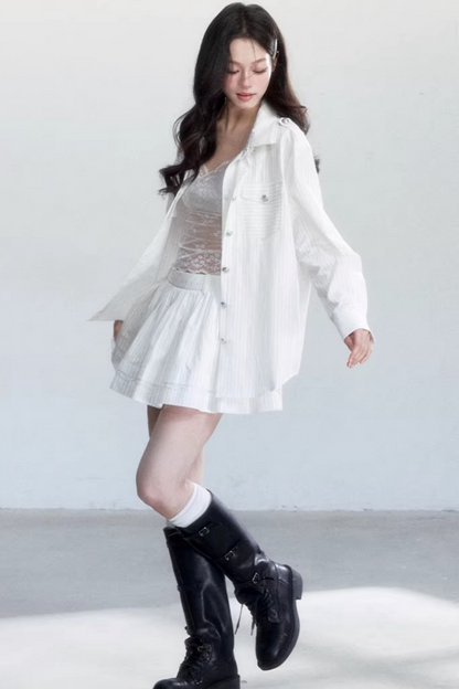 Striped Elegance Shirt Skirt Set-Up