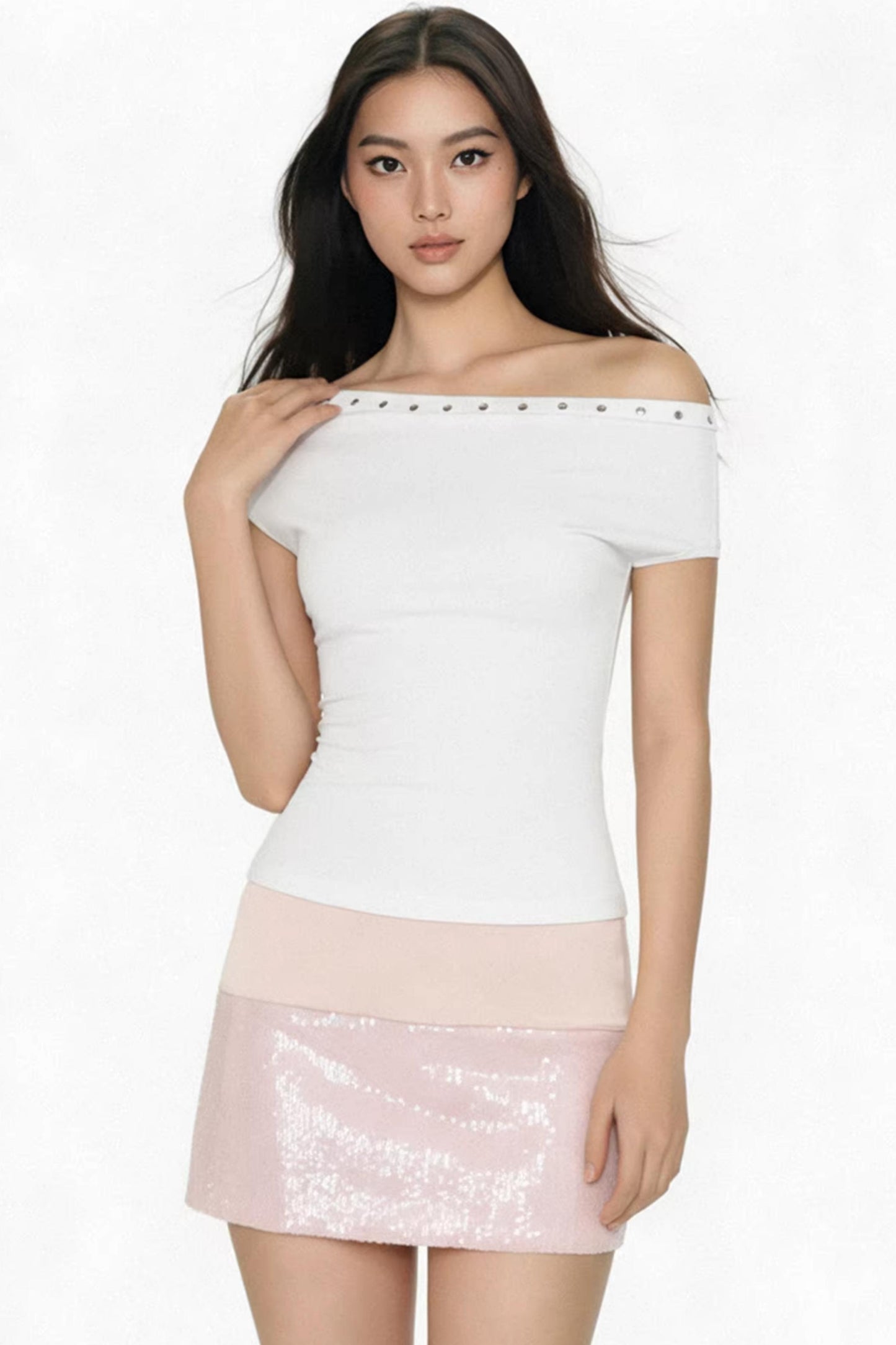 White Asymmetrical Rhinestone Top