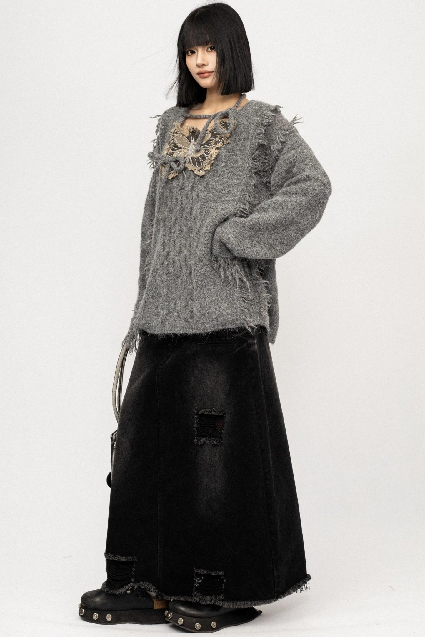 Fringe Lace-Up Butterfly Sweater