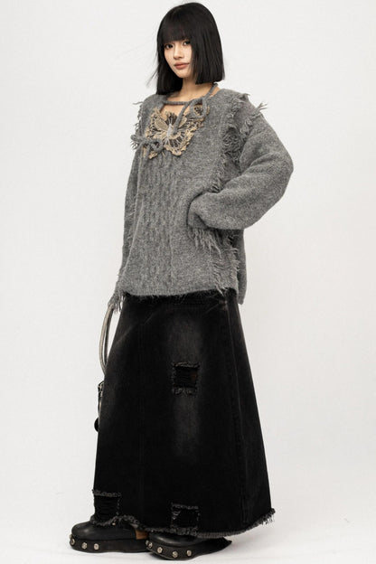 Fringe Lace-Up Butterfly Sweater