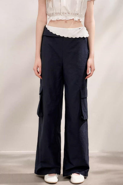 Colorblock Cotton Lace Wide Leg Pants