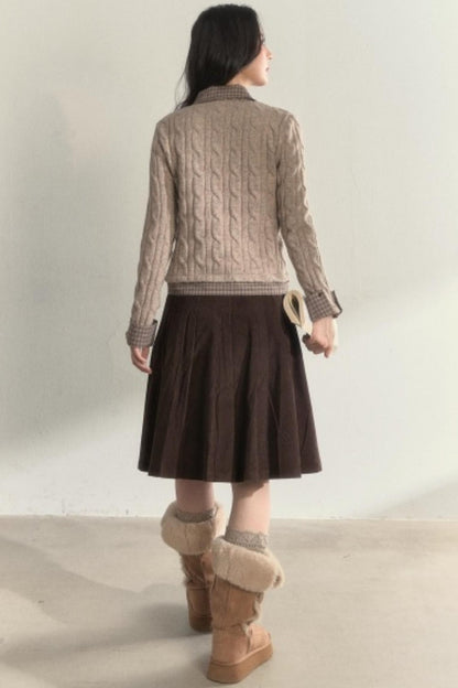 Retro Brown Corduroy Pleated Skirt