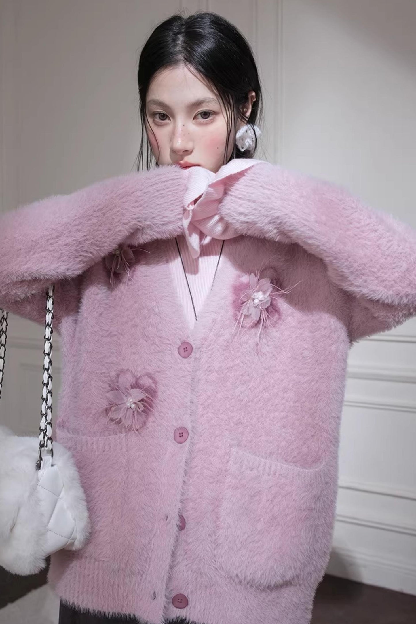 Pink Feather Flower Cardigan