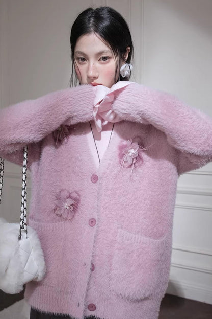 Pink Feather Flower Cardigan