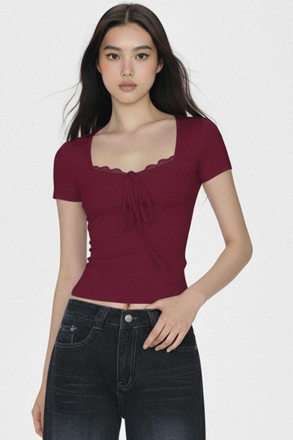 솔리드 레이스 트리밍 크롭 탑