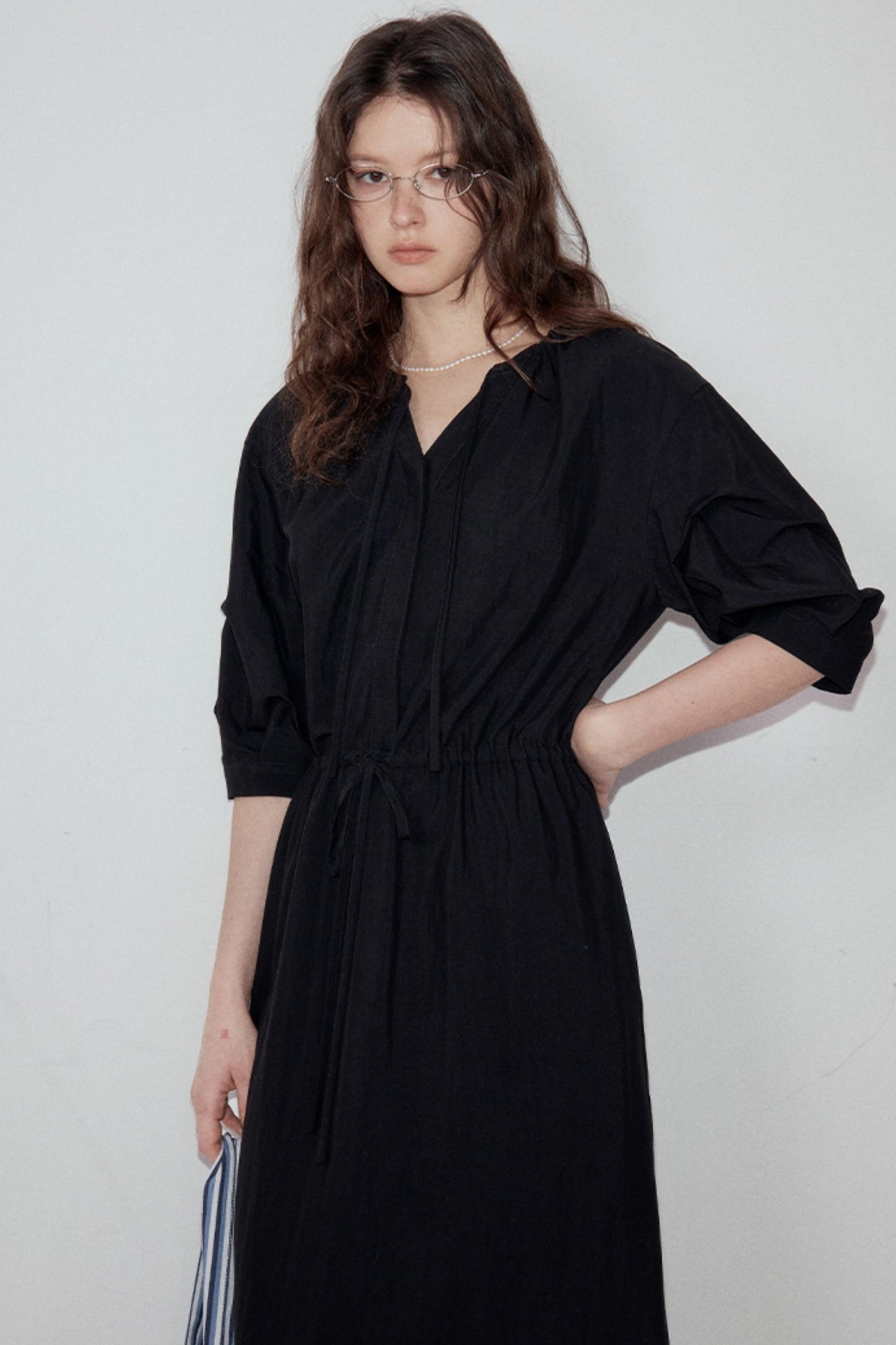 V-Neck Pleated Sleeve Dress