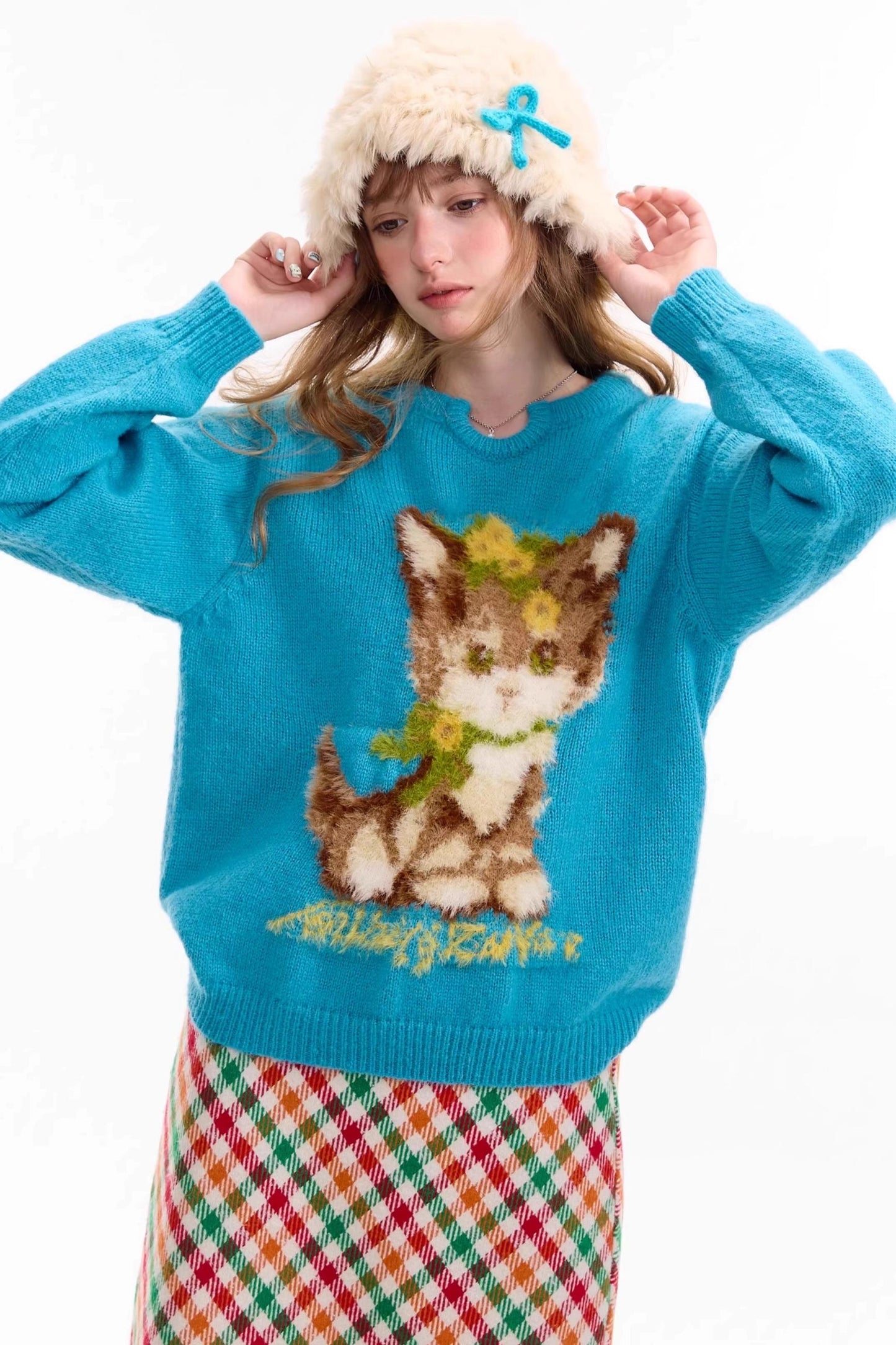 Cat Pattern Blue U Neck Sweater