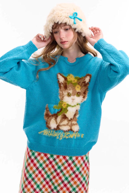 Cat Pattern Blue U Neck Sweater