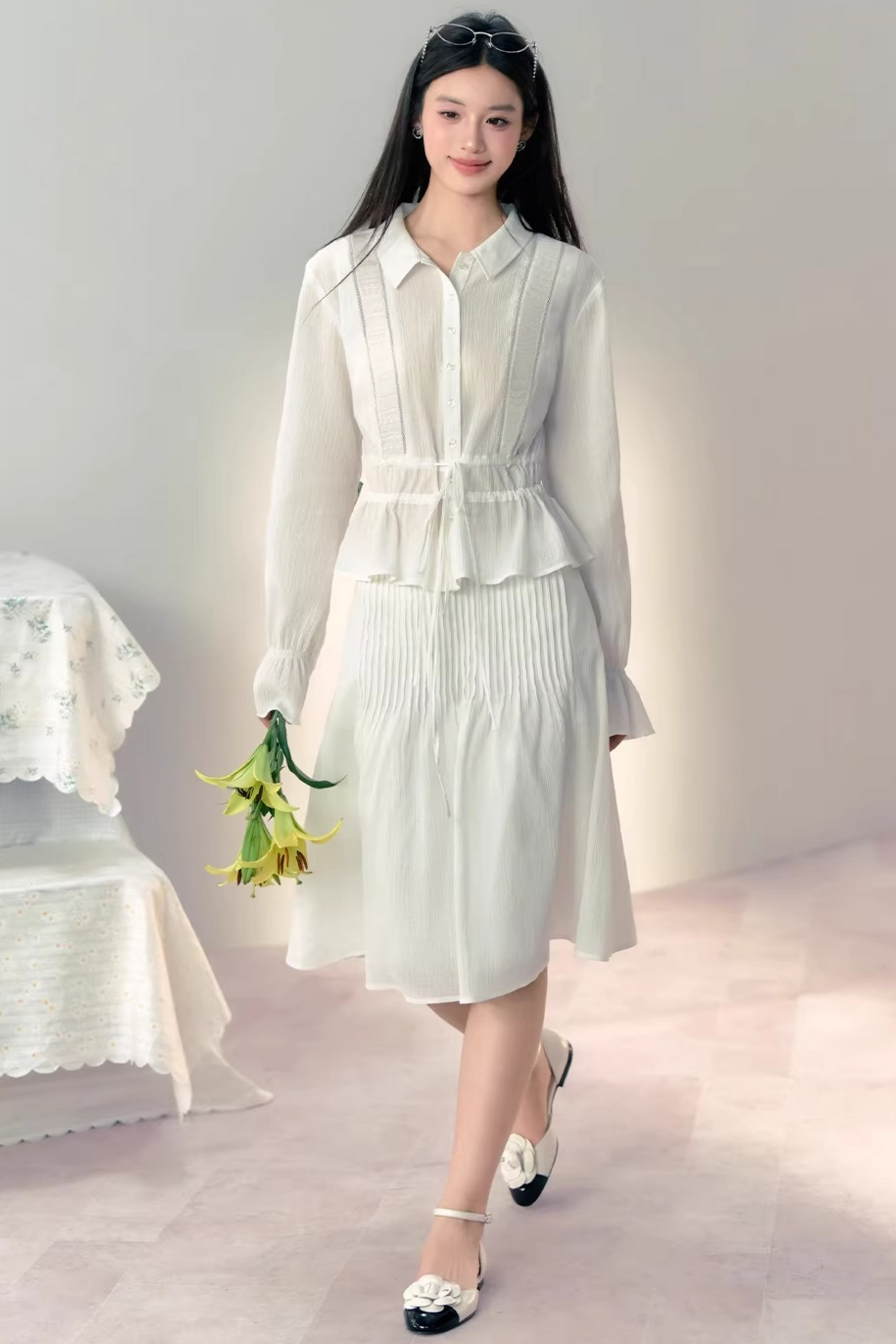 Completo Blusa in Cotone Pieghettato a Mano