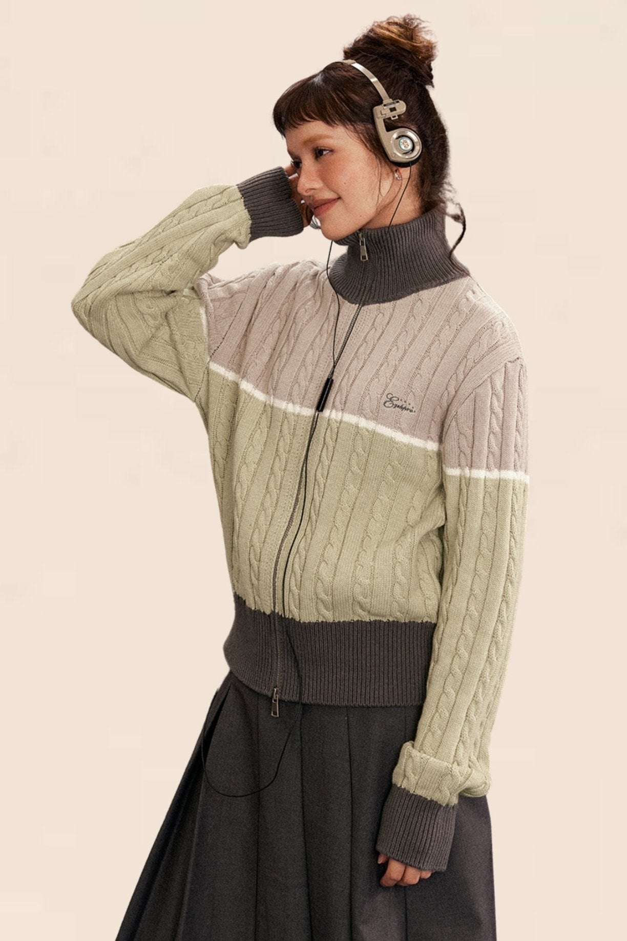 Retro Twist Turtleneck Knitted Cardigan