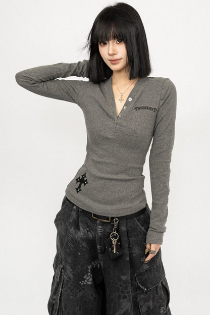 Retro V-Neck Letter Top