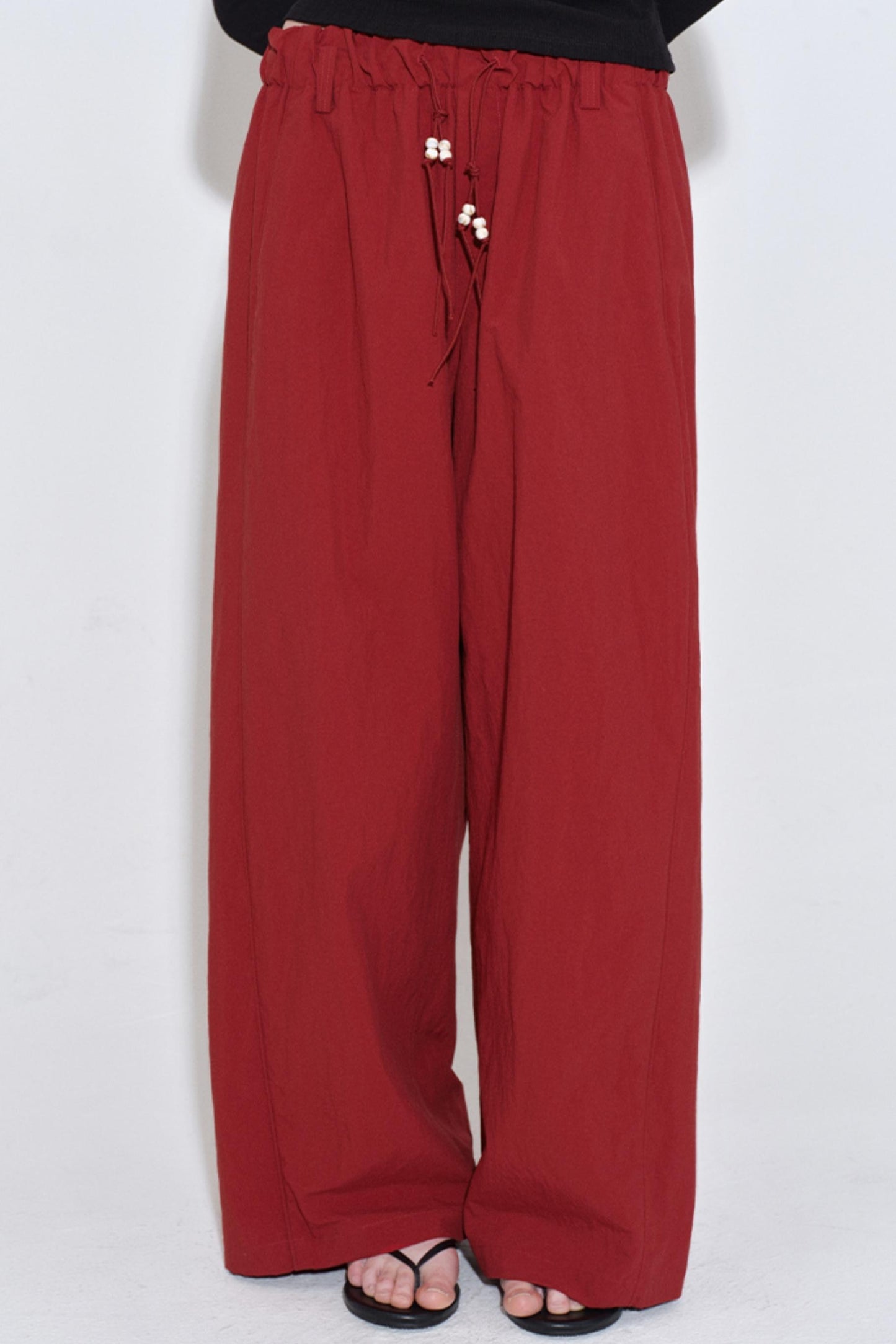 Retro Red Drawstring Bead Sporty Straight Pants