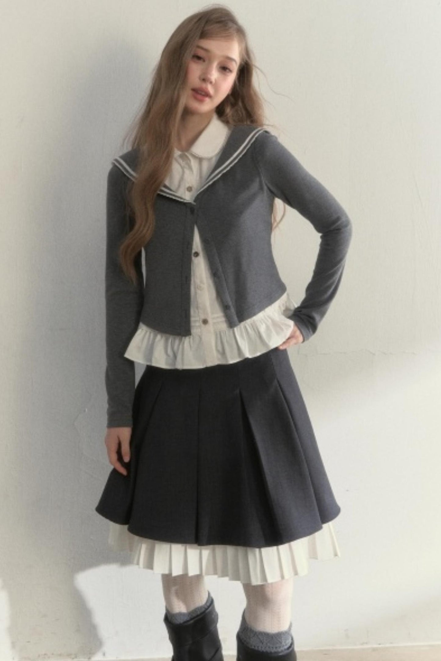 College Navy Collar Top & Skirt Set-Up