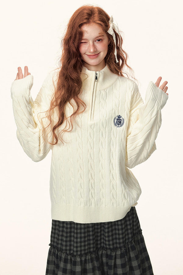 French Cable Knit Polo Sweater Top