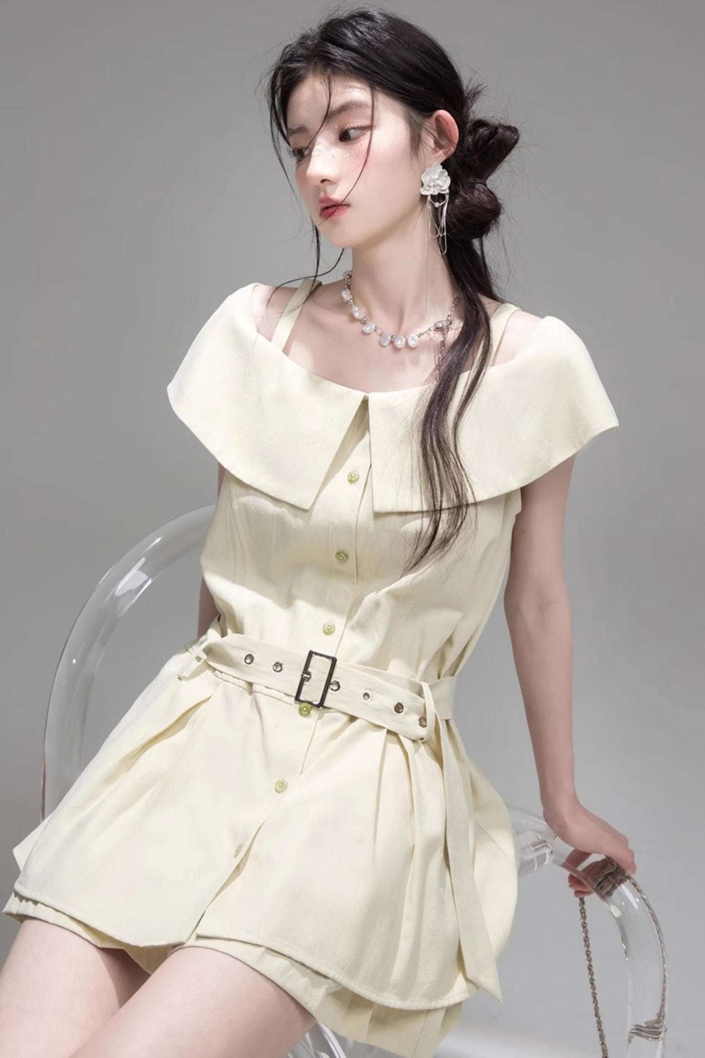 Layered Lime Green Belted Shirt & Pleated Shorts Set