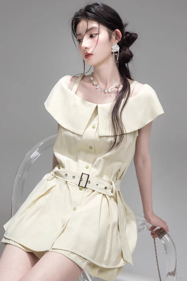 Layered Lime Green Belted Shirt & Pleated Shorts Set