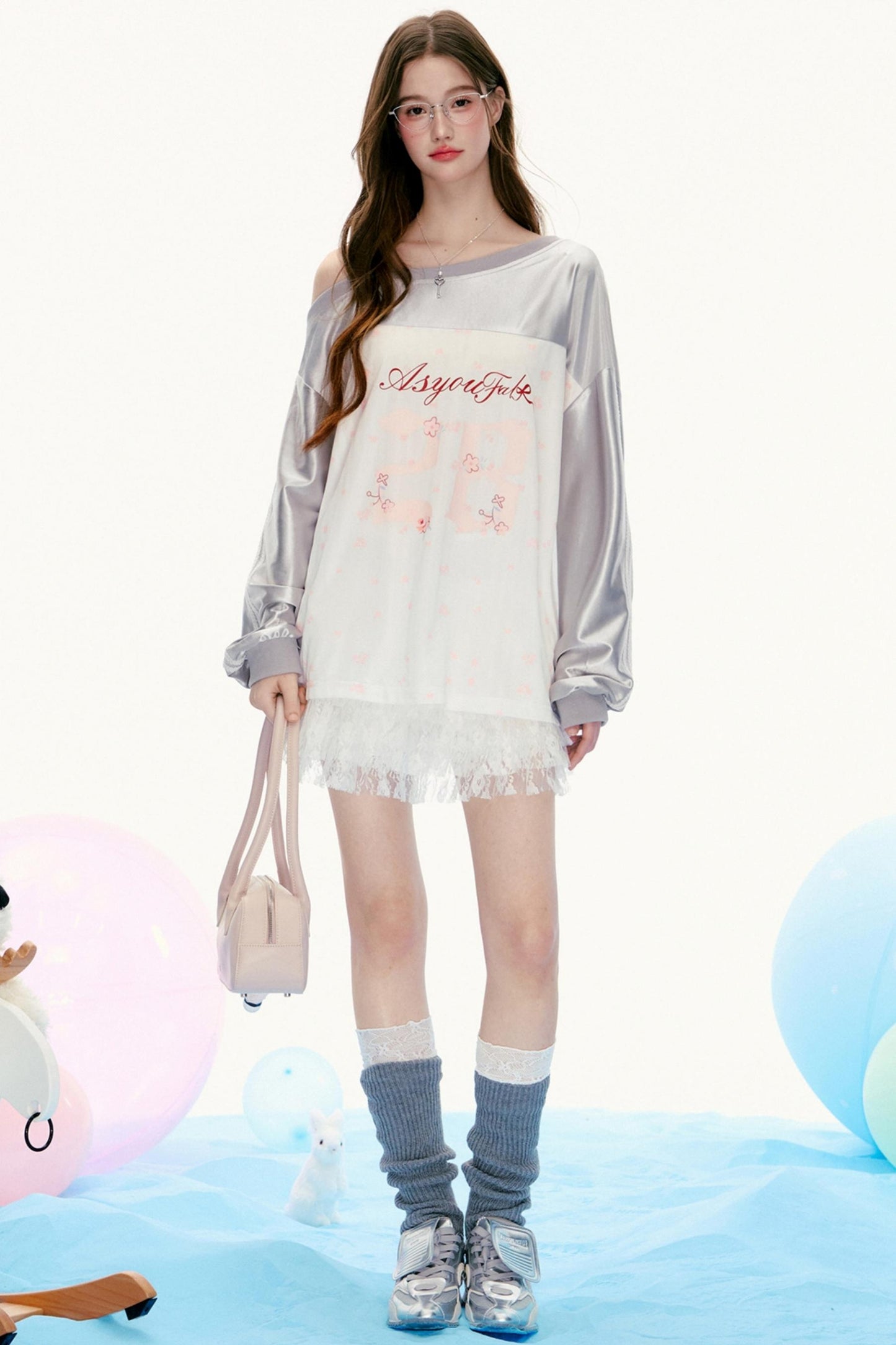 Suspender Design Long-Sleeve Lace T-Shirt