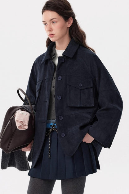 Cold Mid-Length Navy Suede Jacket
