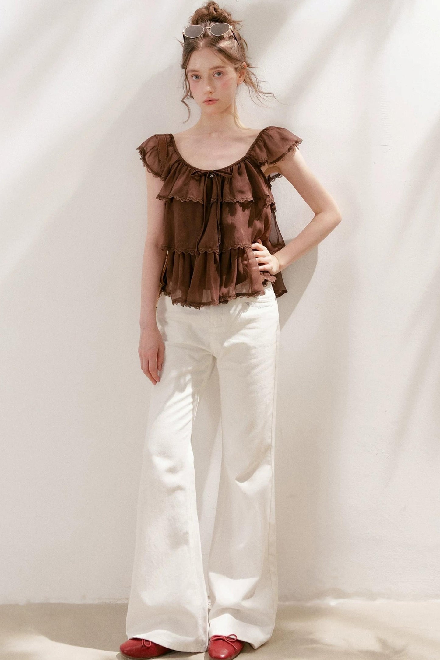 Square-Neck Chiffon Ruffle Blouse