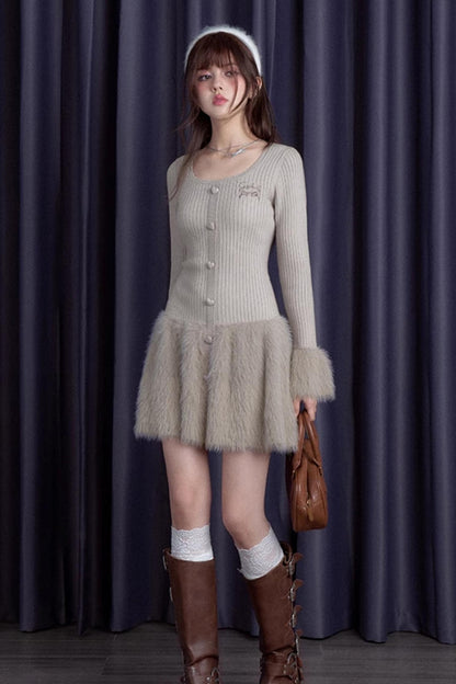 Sweet Knitted Fur Skirt Dress