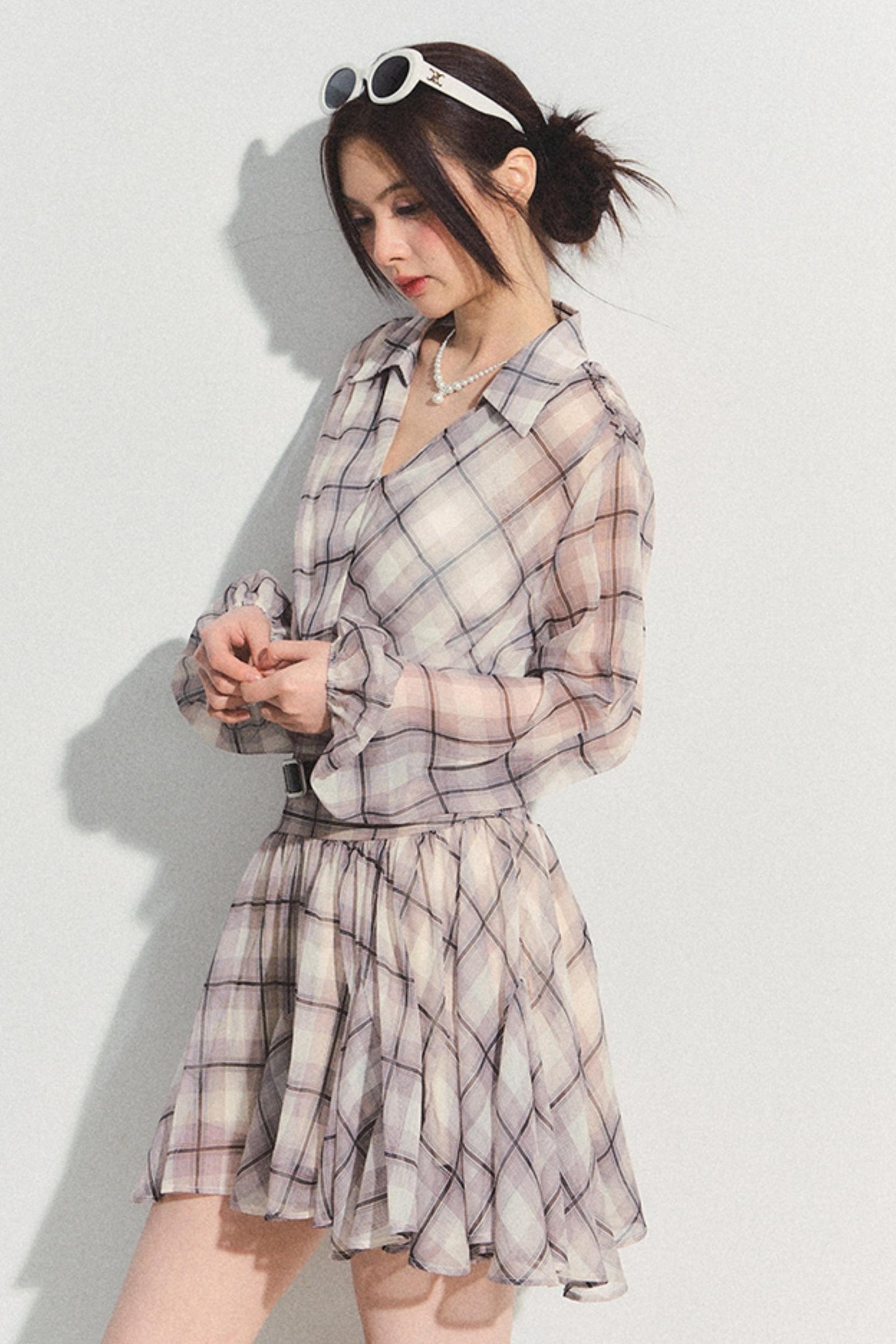 Recoin Sheer Plaid Ruffle A-Line Dress