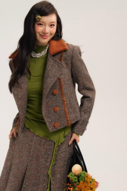 Vintage Wool Herringbone Coat Skirt Set-Up
