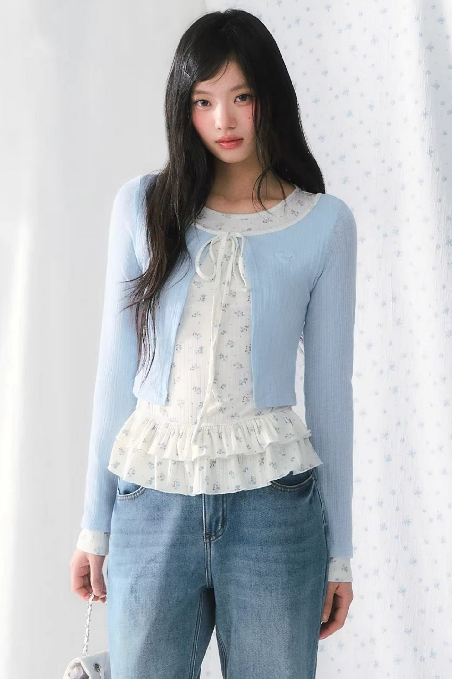 Blue Floral Knitted Ruffled Top