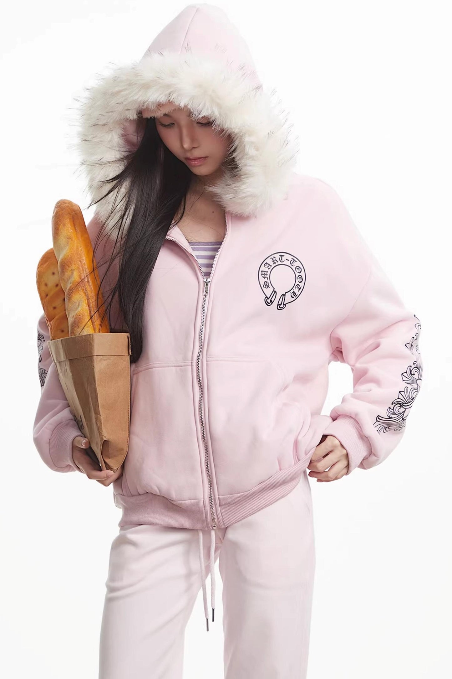 Printed Fur Collar Hooded Jacket