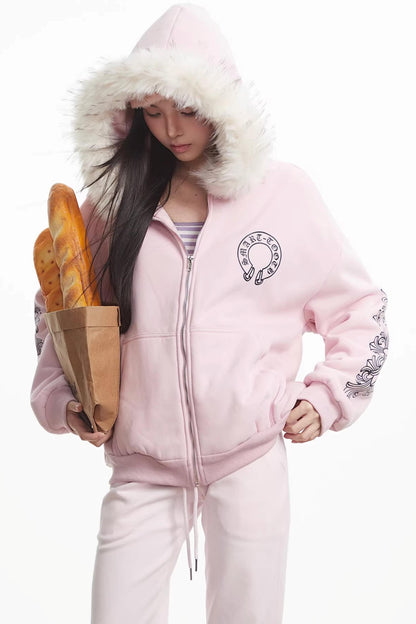 Printed Fur Collar Hooded Jacket