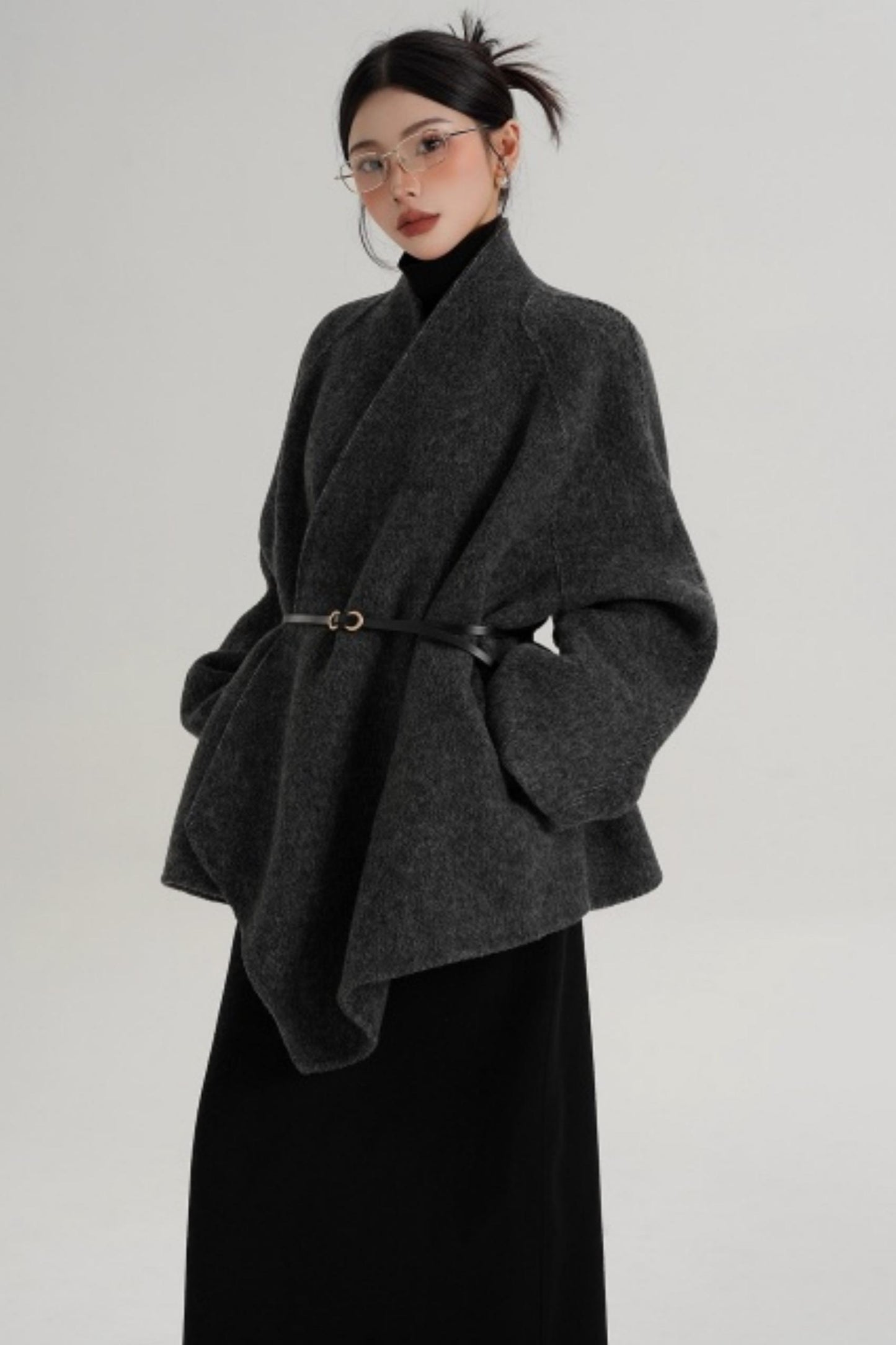 Elegant Lace-Up Woolen Coat