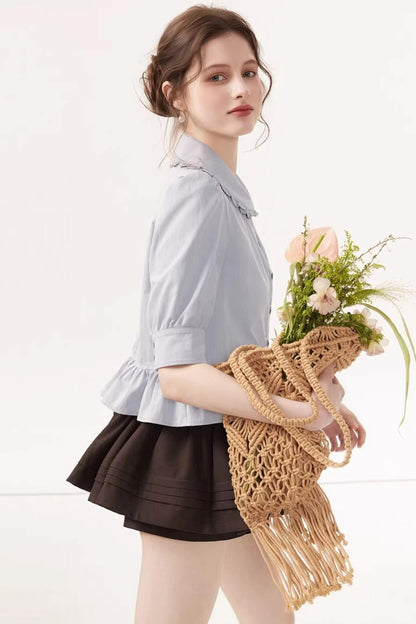 French Blue Ruffle Top