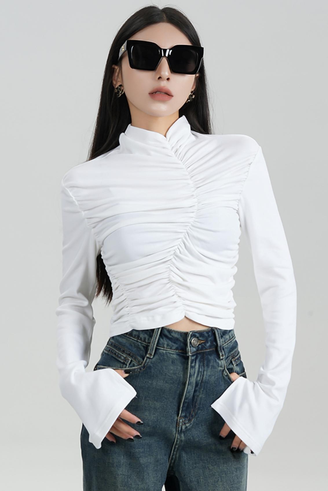 SRYSAME's fashionable design, pleated high-waisted base layer, T-shirt, long-sleeved top, autumn new women's wear