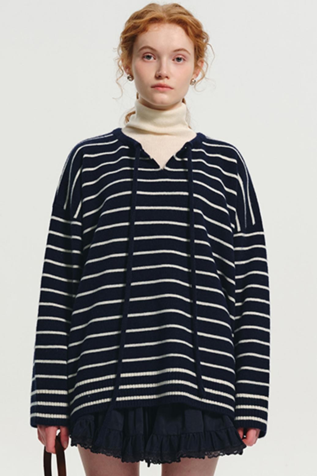 Wool Stripe Drawstring Knit Sweater