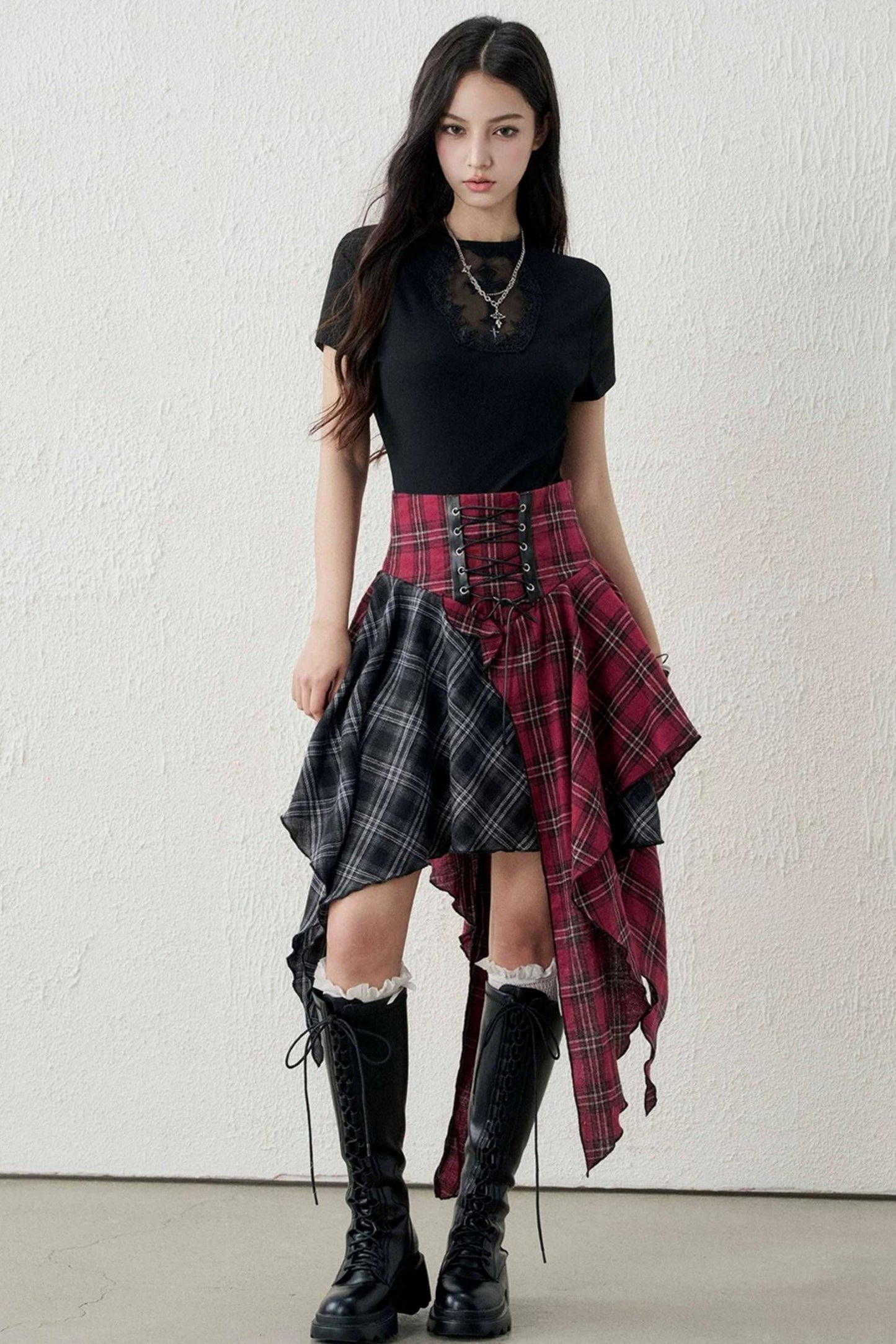 Irregular Plaid Patchwork Skirt