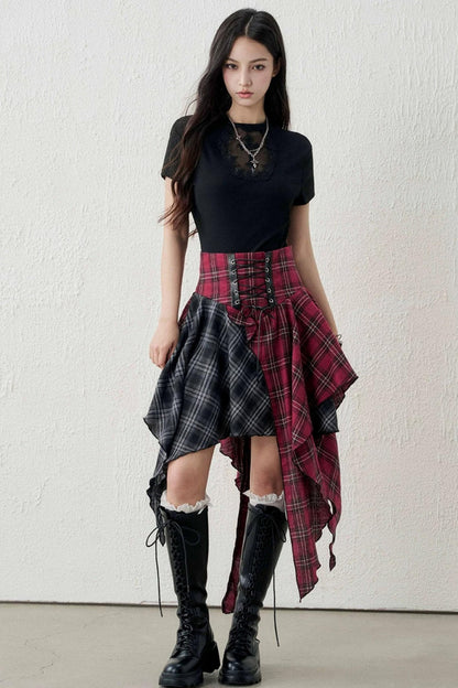 Irregular Plaid Patchwork Skirt