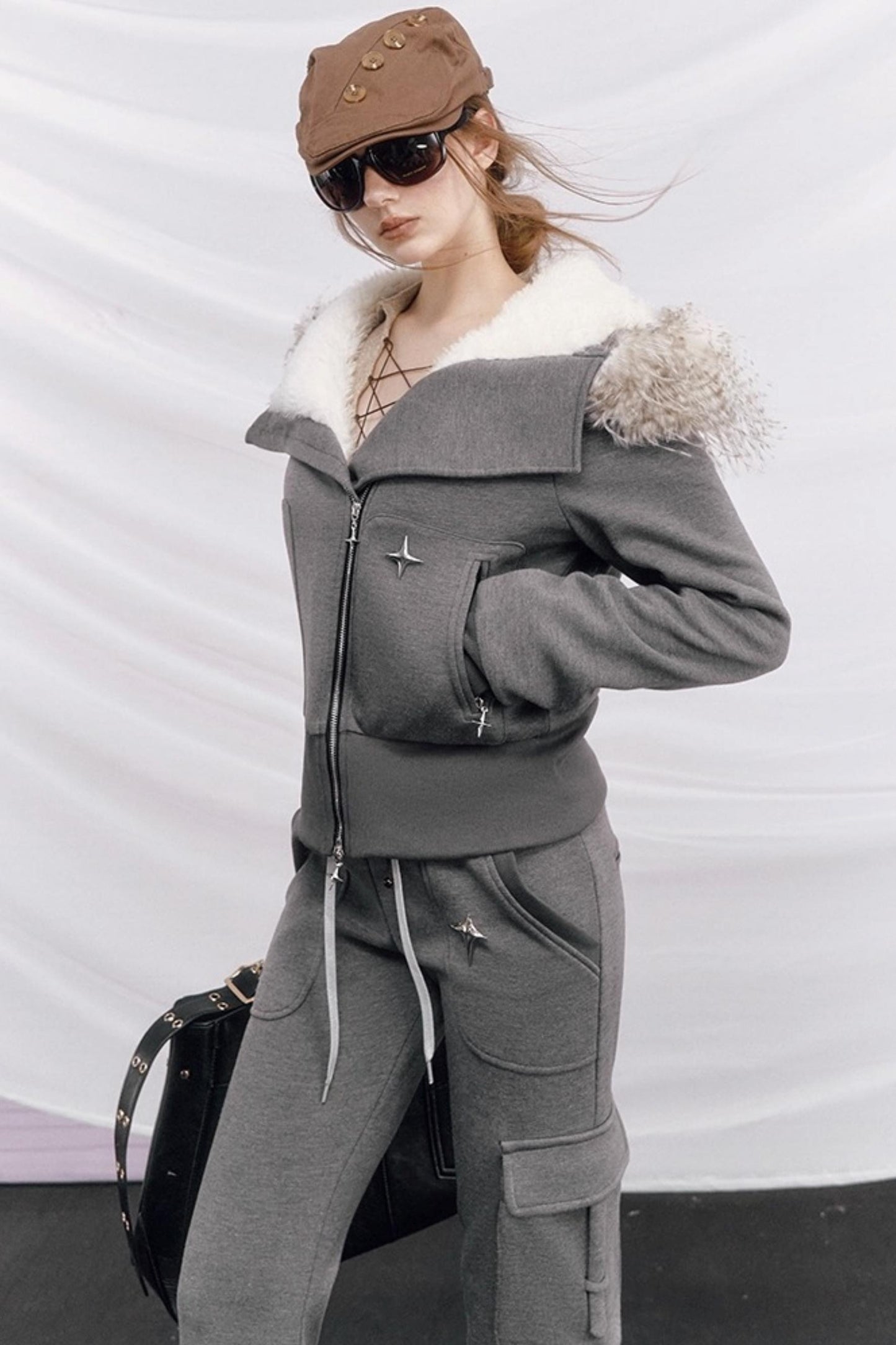 Knitted Hooded Diagonal Jacket Set-Up
