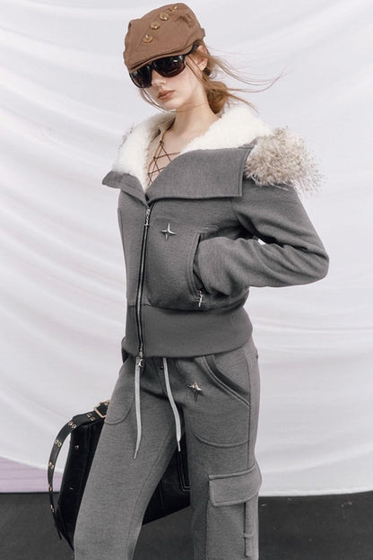 Knitted Hooded Diagonal Jacket Set-Up