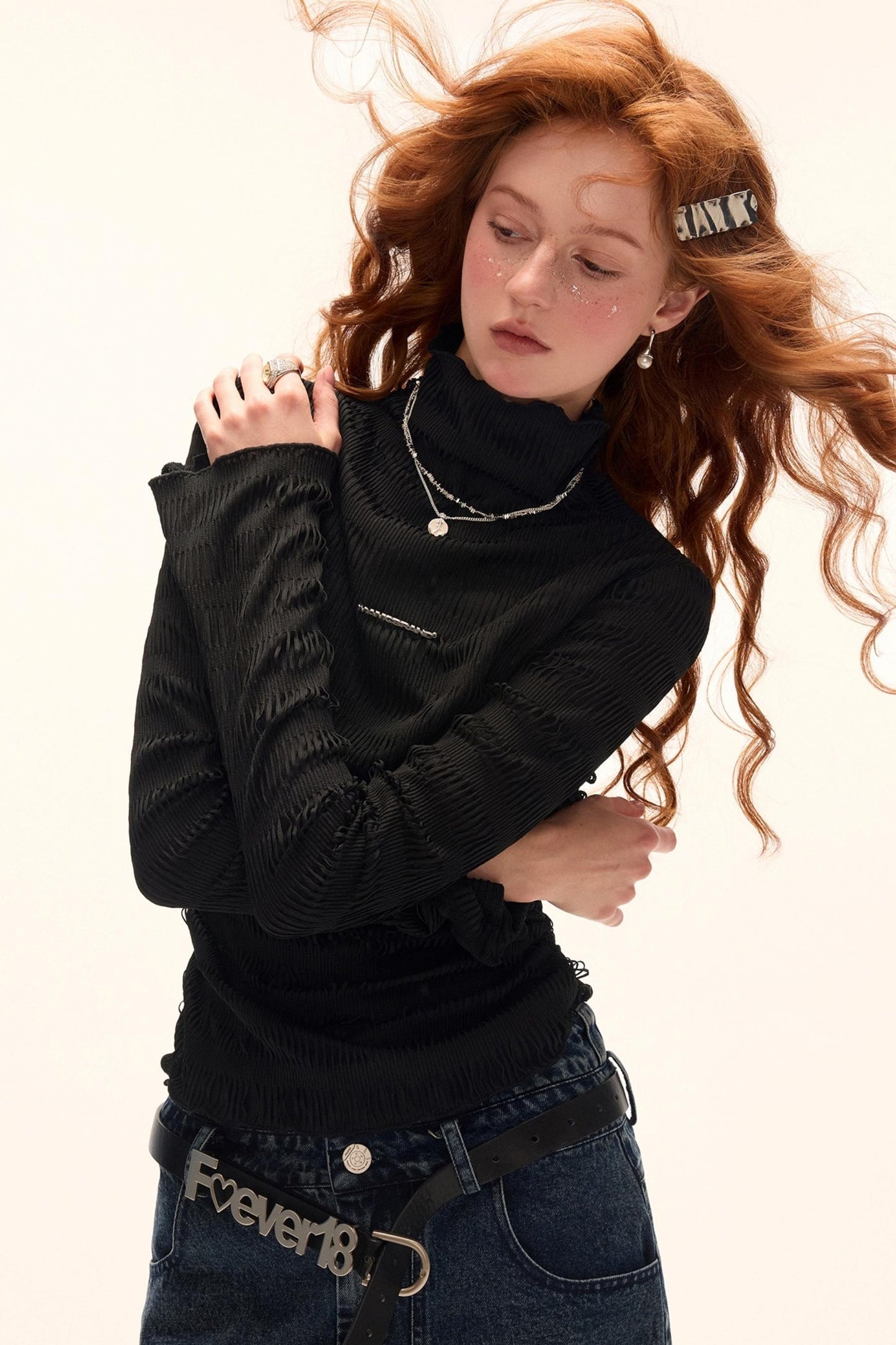 High-Neck Knitted Striped Slimming Shirt