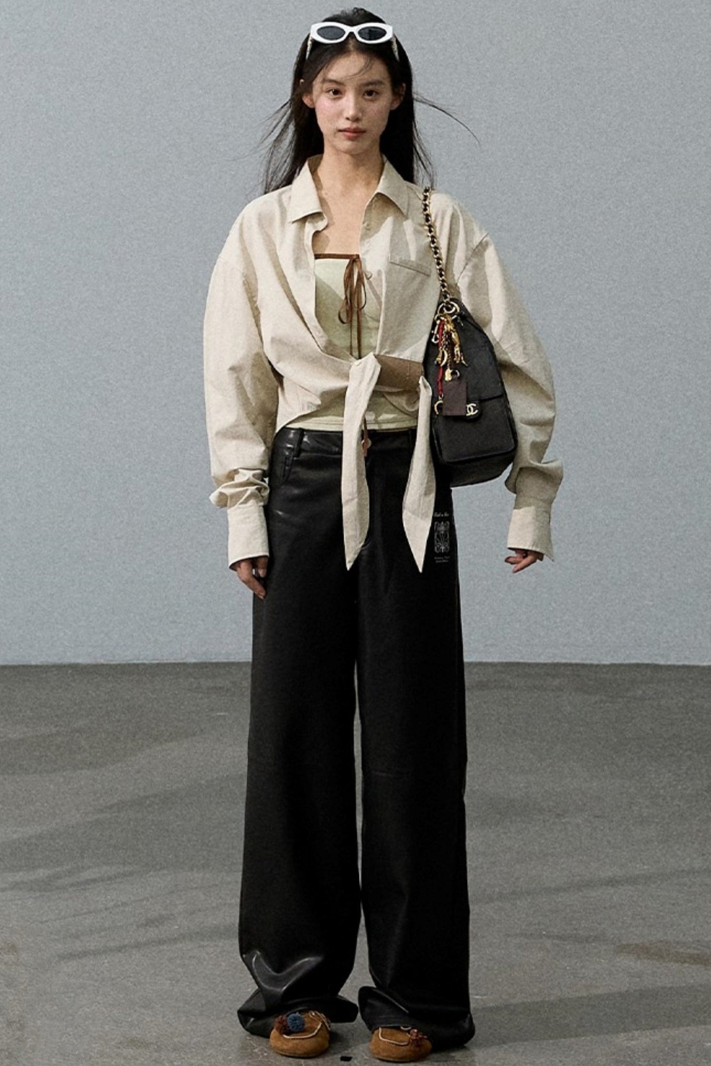 Retro Print Wide-leg Leather Pants