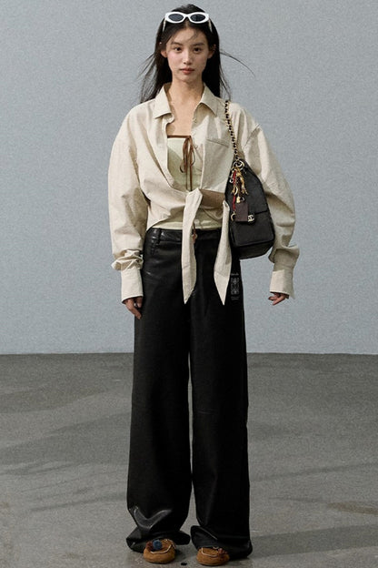 Retro Print Wide-leg Leather Pants