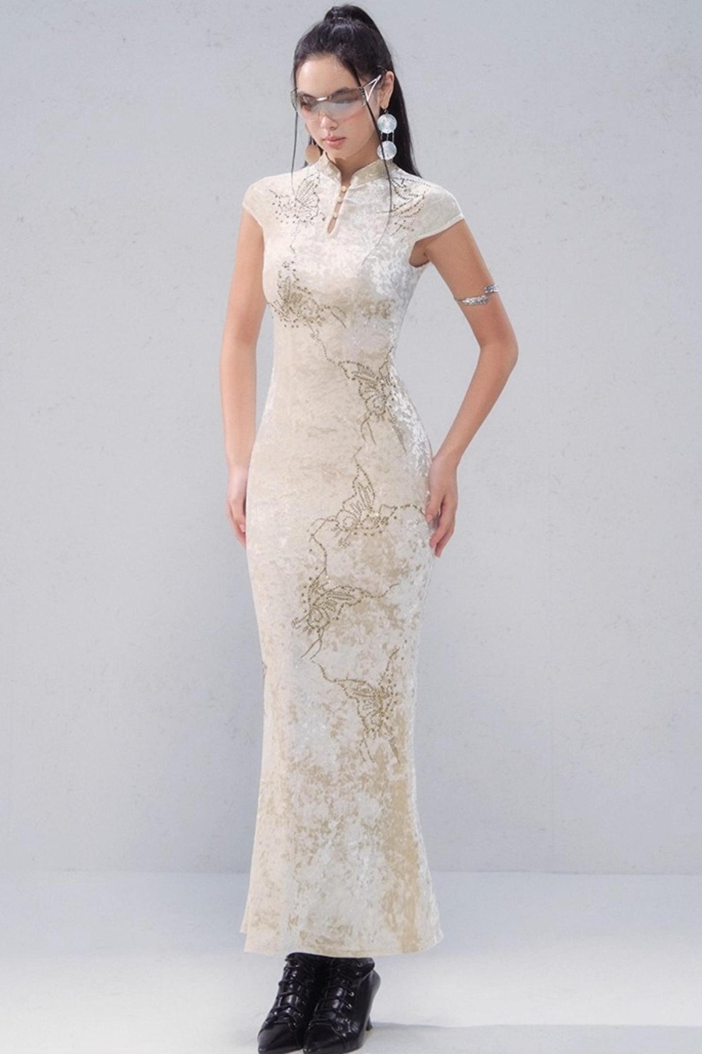 Porcelain Velvet Cheongsam Dress
