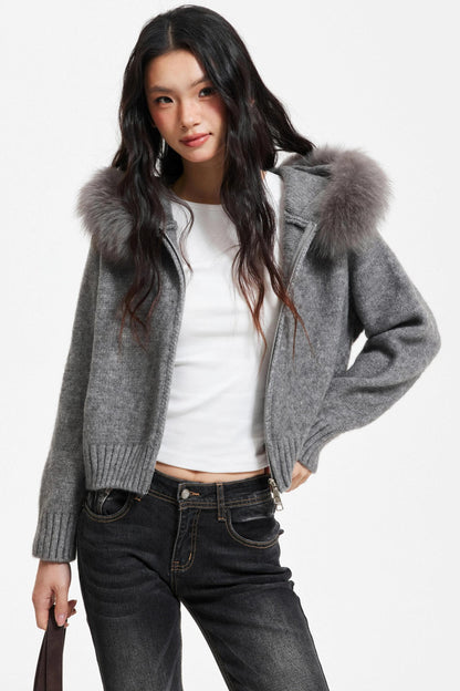 Knitted Sweater Jacket with Fur Collar