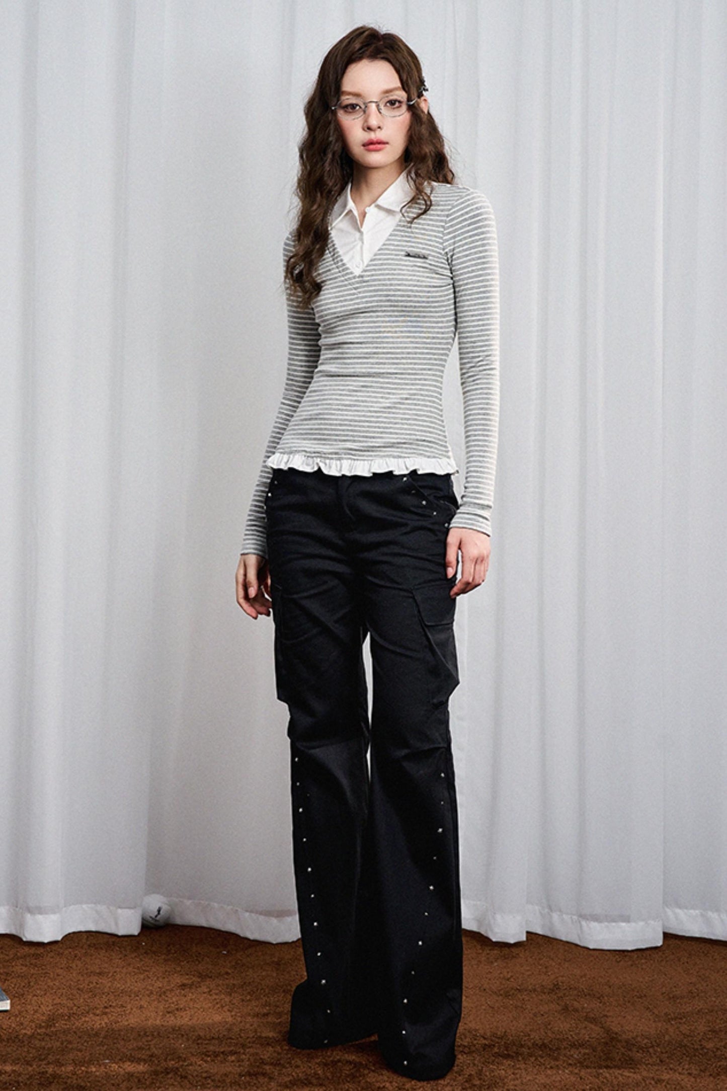 Lace Hem Striped Long Sleeve Knit Tee