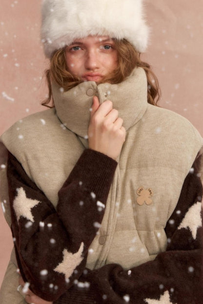 Lace Patchwork Stand Collar Puffer Vest