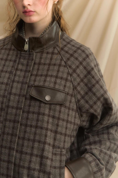 Stand Collar Plaid Woolen Jacket