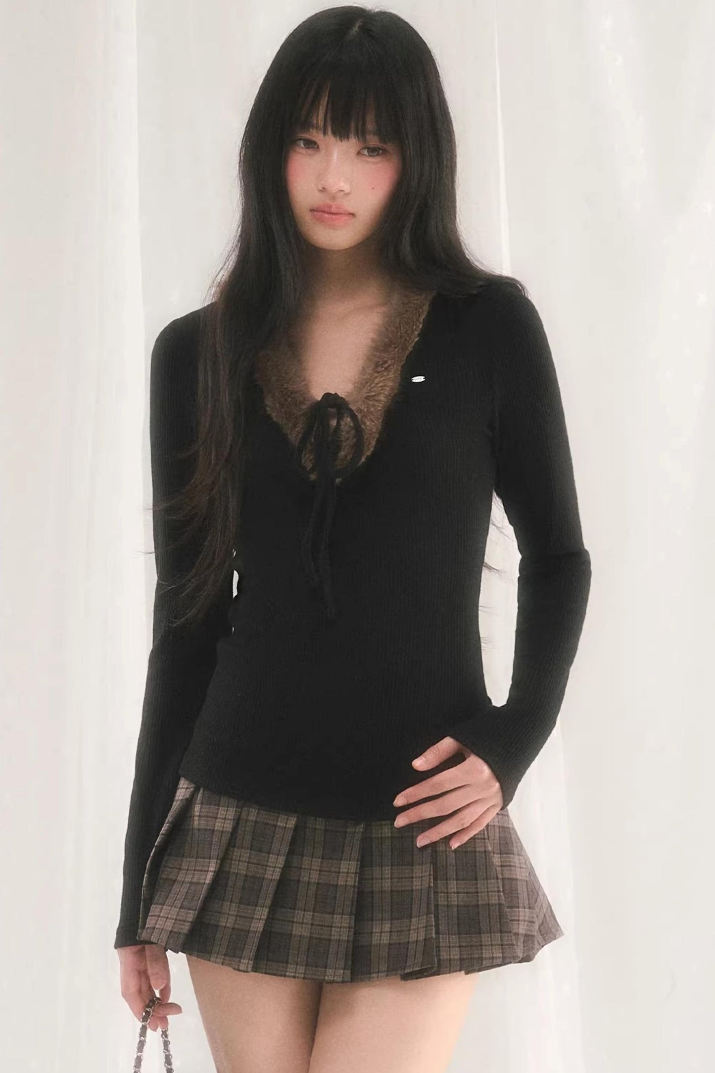 Korean-Style Furry V-Neck Top